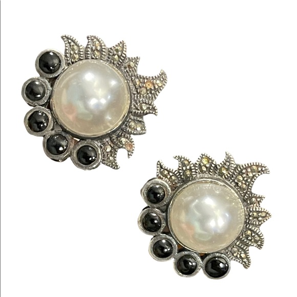 Vintage Sterling silver 925 Black onyx pearl marcasite earrings - Picture 2 of 8